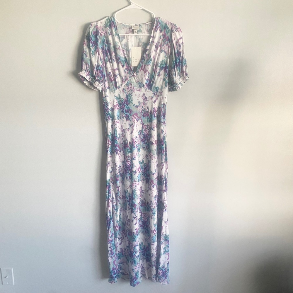 A New Day Womens Crepe Puff Short Sleeve Midi Dress Blue Floral Size Small